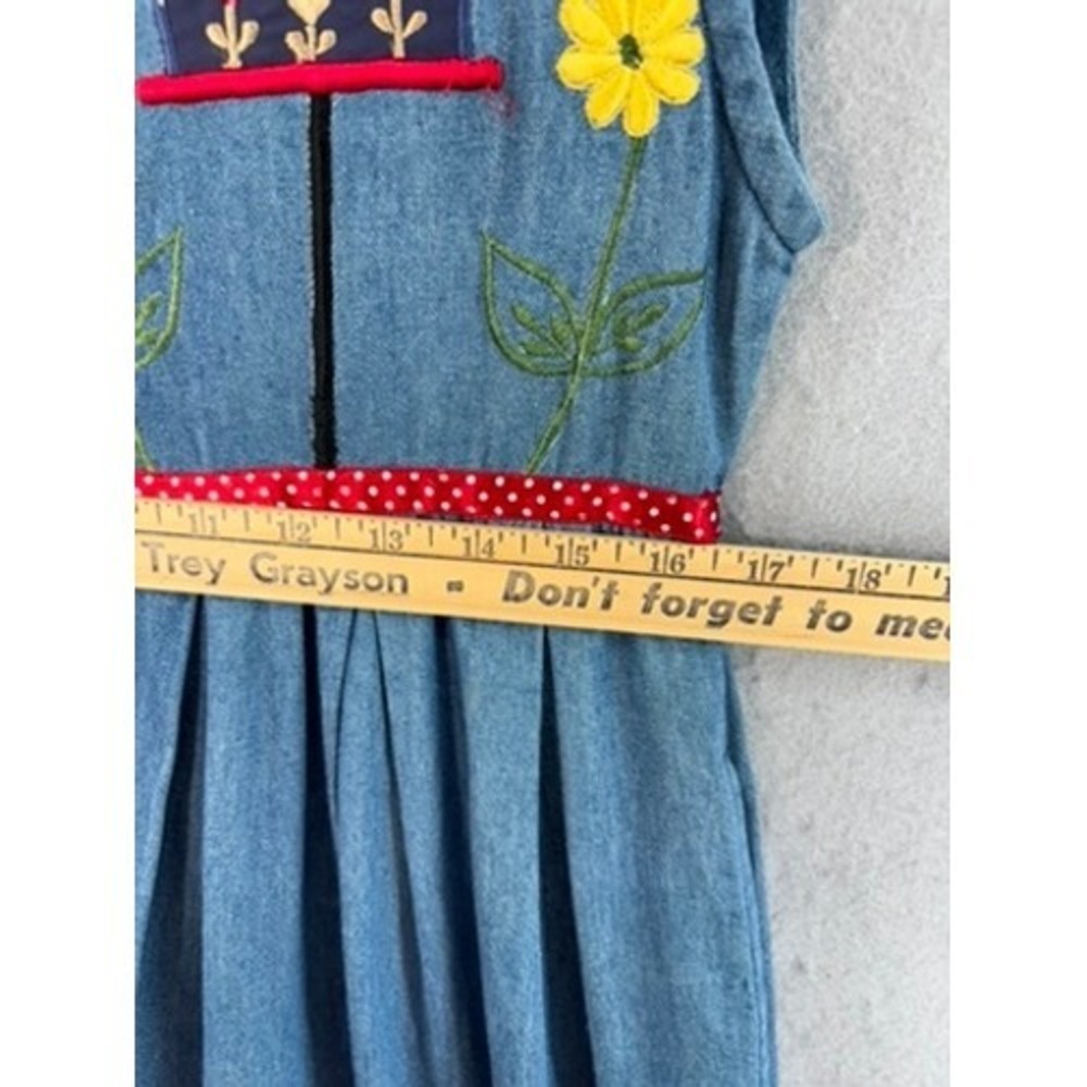 VTG Denim Jumper Dress Blue Embroidered Birdhouse Button Front Mid - Picture 7 of 10